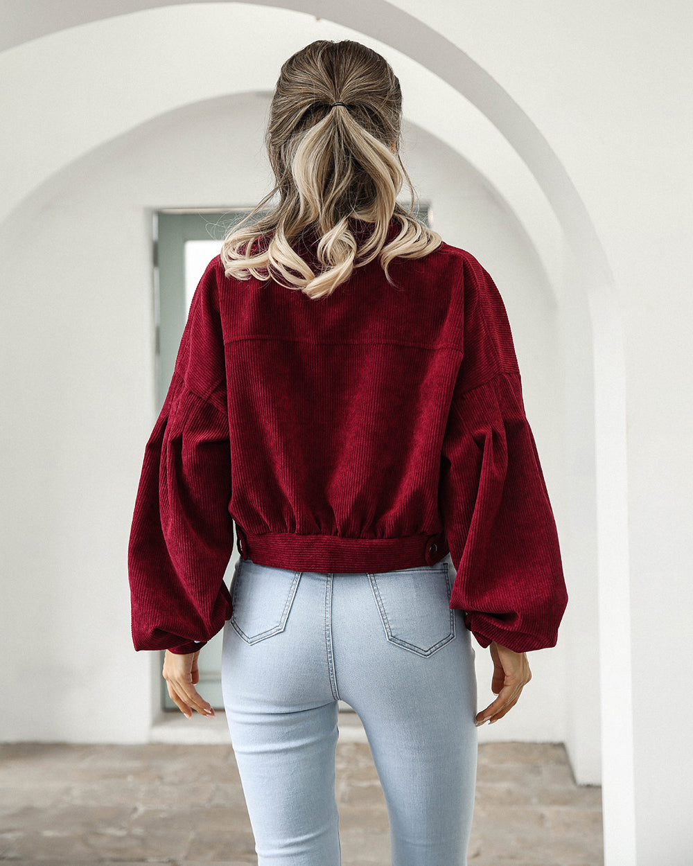Veste Courte en Velours Côtelé Oversize à Manches Bouffantes pour Femme