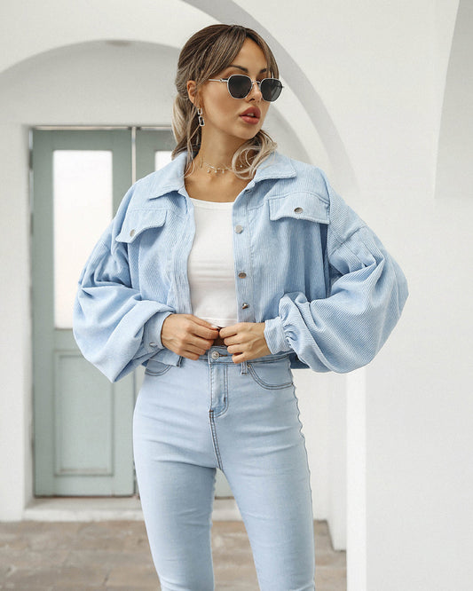 Veste Courte en Velours Côtelé Oversize à Manches Bouffantes pour Femme