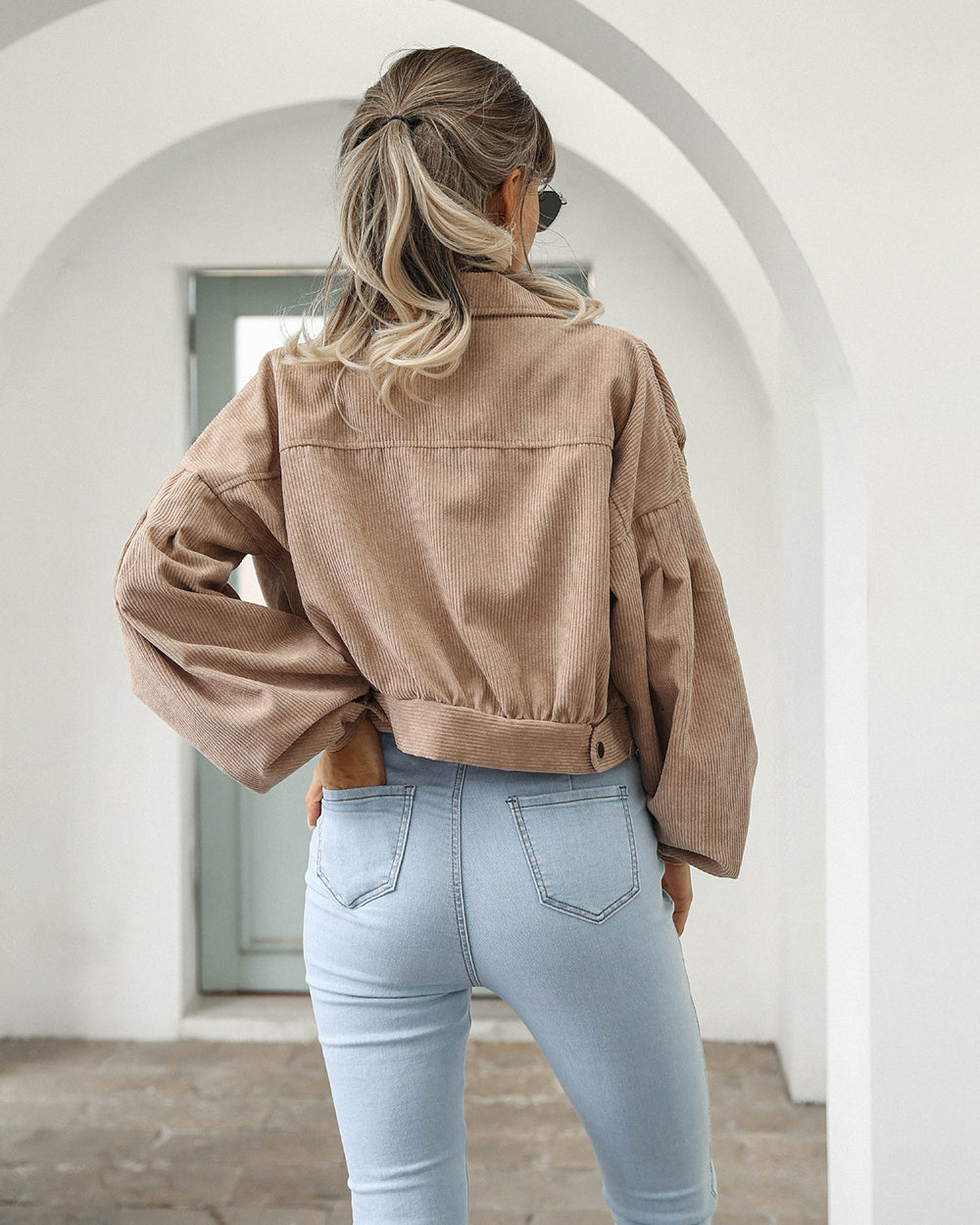 Veste Courte en Velours Côtelé Oversize à Manches Bouffantes pour Femme