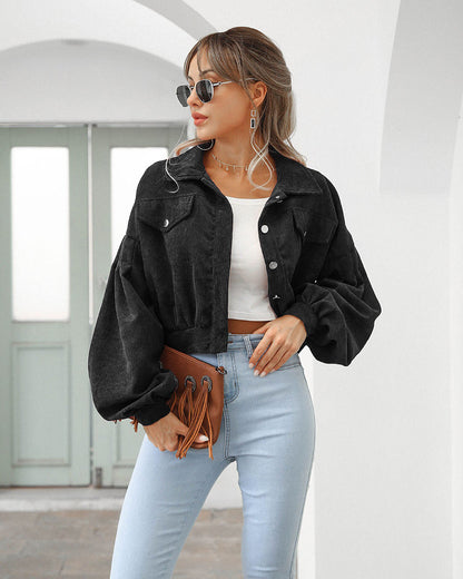 Veste Courte en Velours Côtelé Oversize à Manches Bouffantes pour Femme