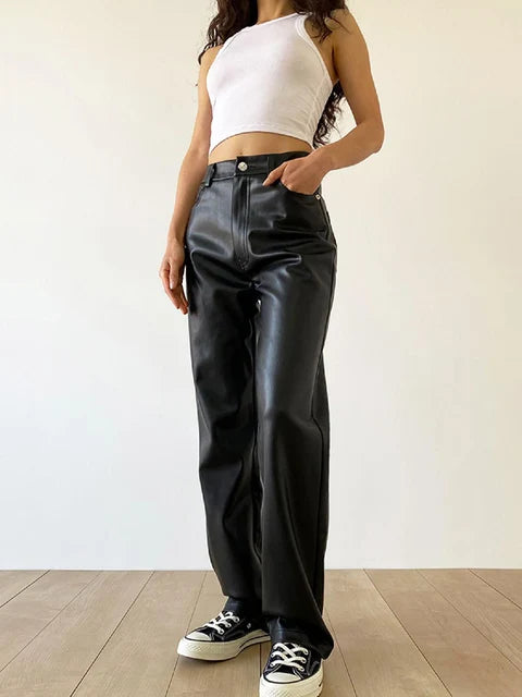 Pantalon large taille haute en simili cuir style moderne