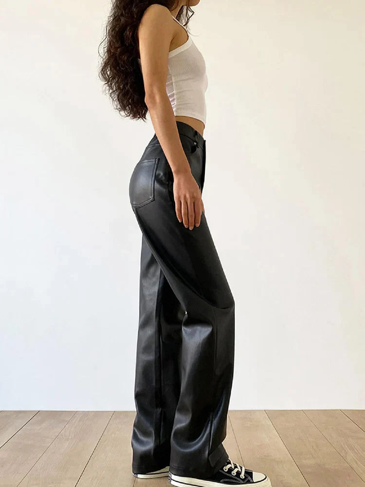Pantalon large taille haute en simili cuir style moderne