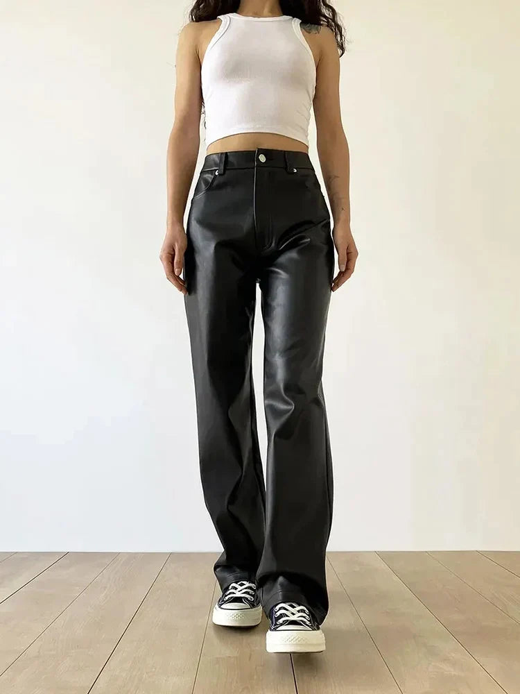 Pantalon large taille haute en simili cuir style moderne