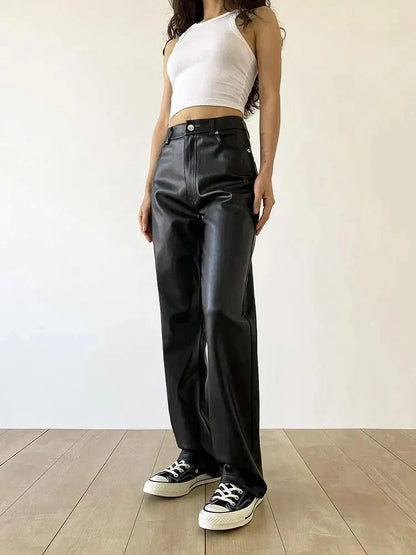 Pantalon large taille haute en simili cuir style moderne