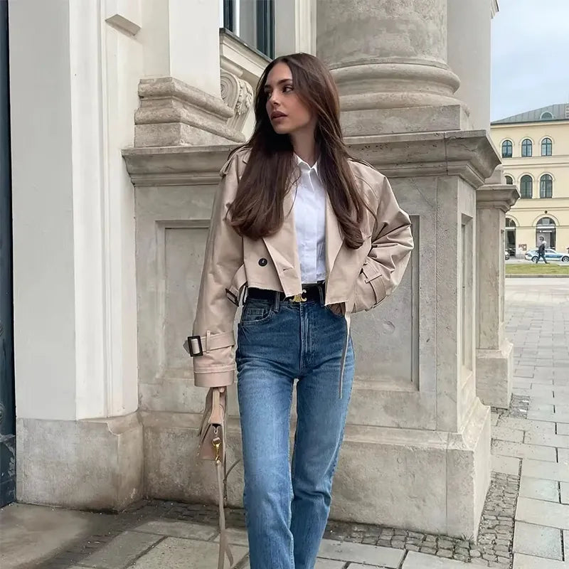 Women's Veste Décontractée Col Revers Coupe Courte