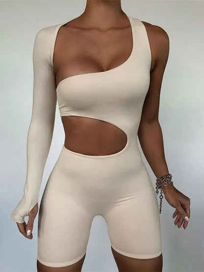 Women's One-Shoulder Romper - Slim Fit - Cutout Detail - Long Sleeve Stylish Wear