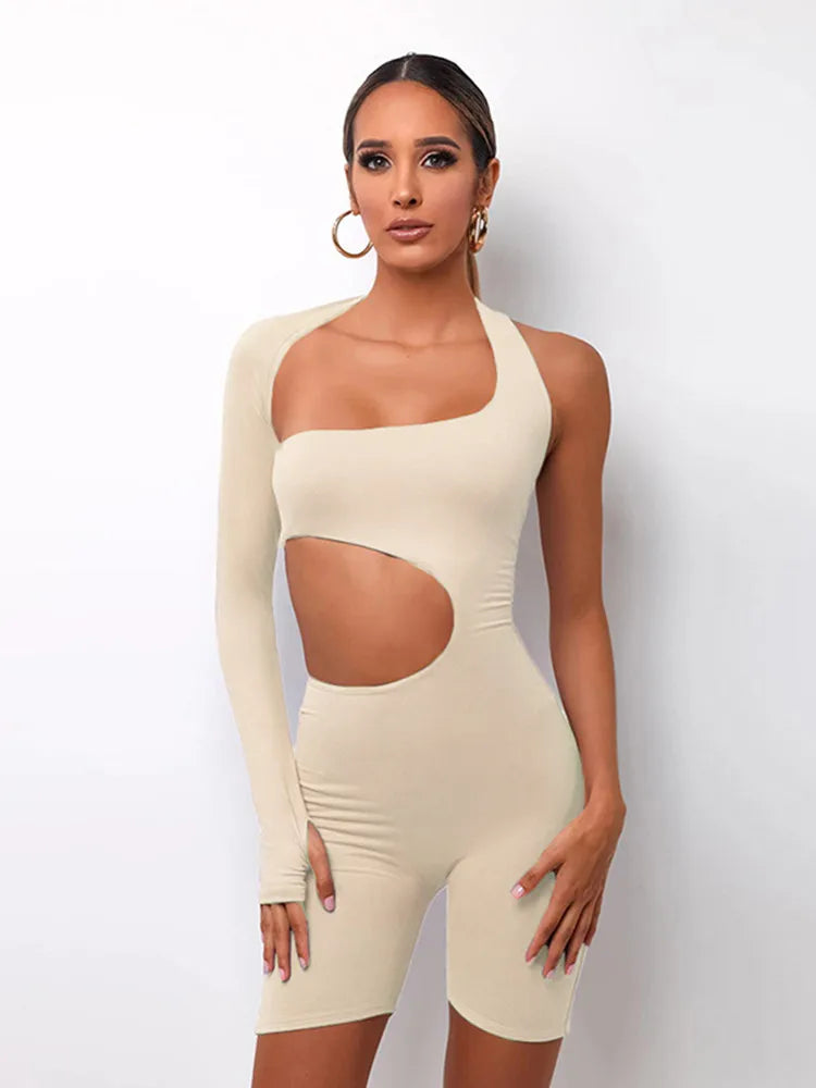 Women's One-Shoulder Romper - Slim Fit - Cutout Detail - Long Sleeve Stylish Wear