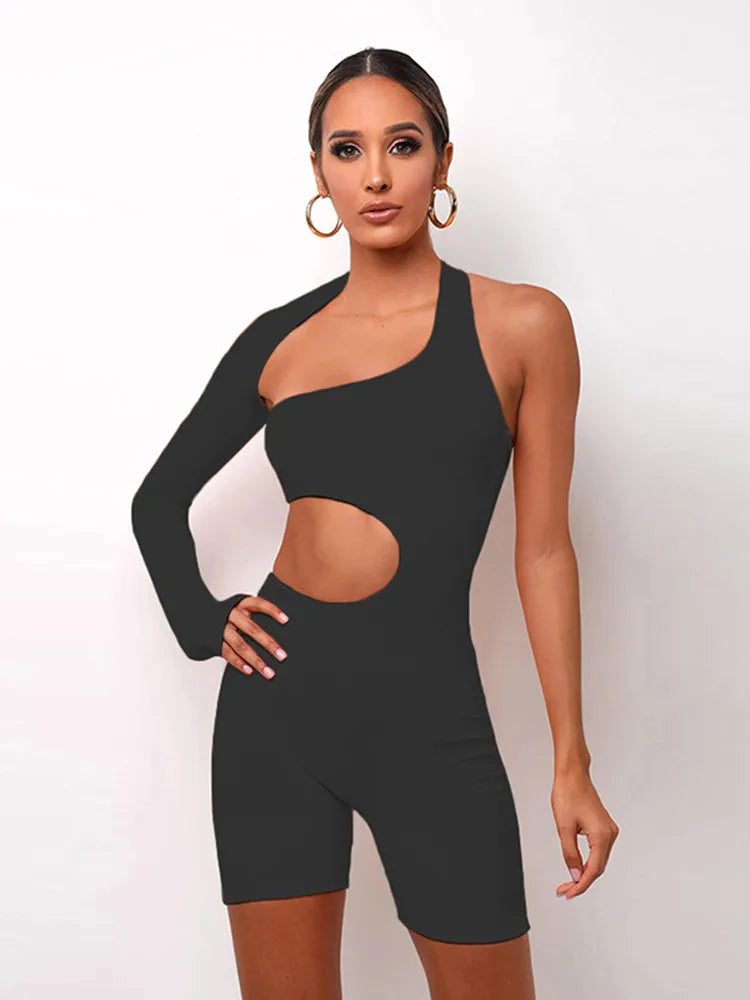 Women's One-Shoulder Romper - Slim Fit - Cutout Detail - Long Sleeve Stylish Wear