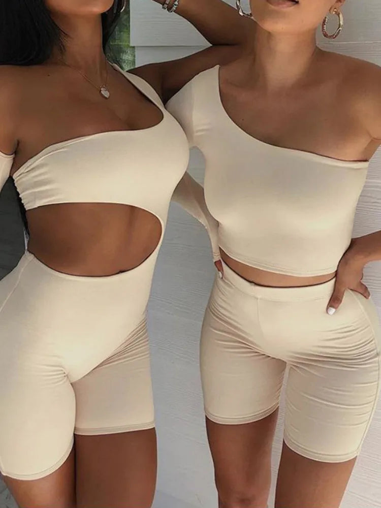 Women's One-Shoulder Romper - Slim Fit - Cutout Detail - Long Sleeve Stylish Wear