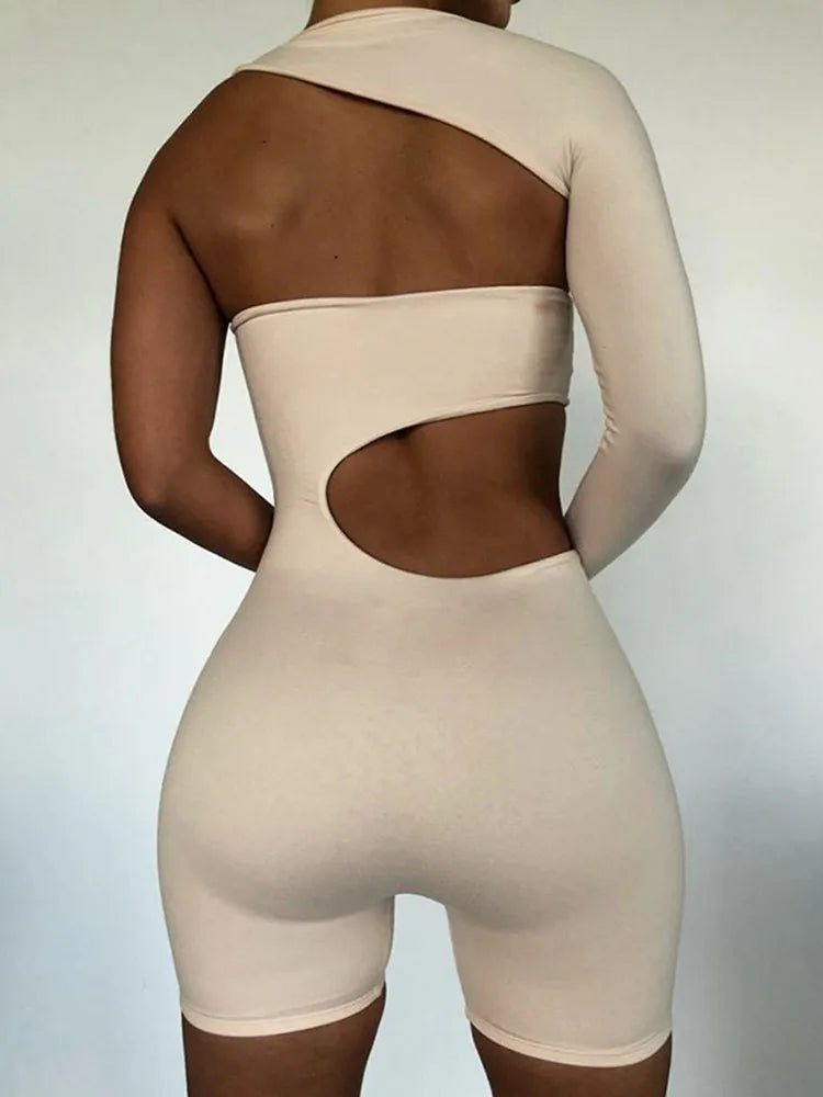 Women's One-Shoulder Romper - Slim Fit - Cutout Detail - Long Sleeve Stylish Wear