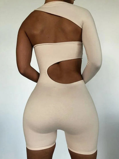 Women's One-Shoulder Romper - Slim Fit - Cutout Detail - Long Sleeve Stylish Wear