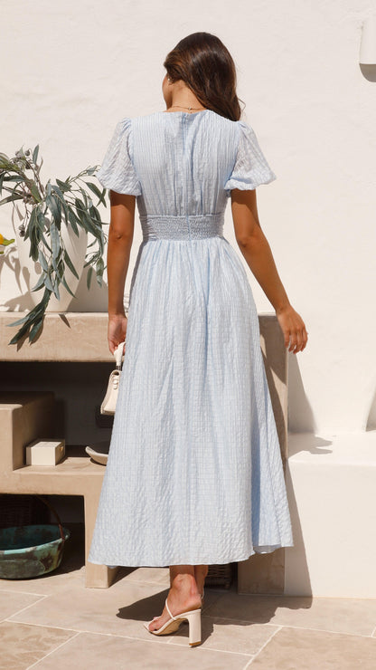 Robe Longue femme à careaux, Manches Bouffantes et Décolleté en V