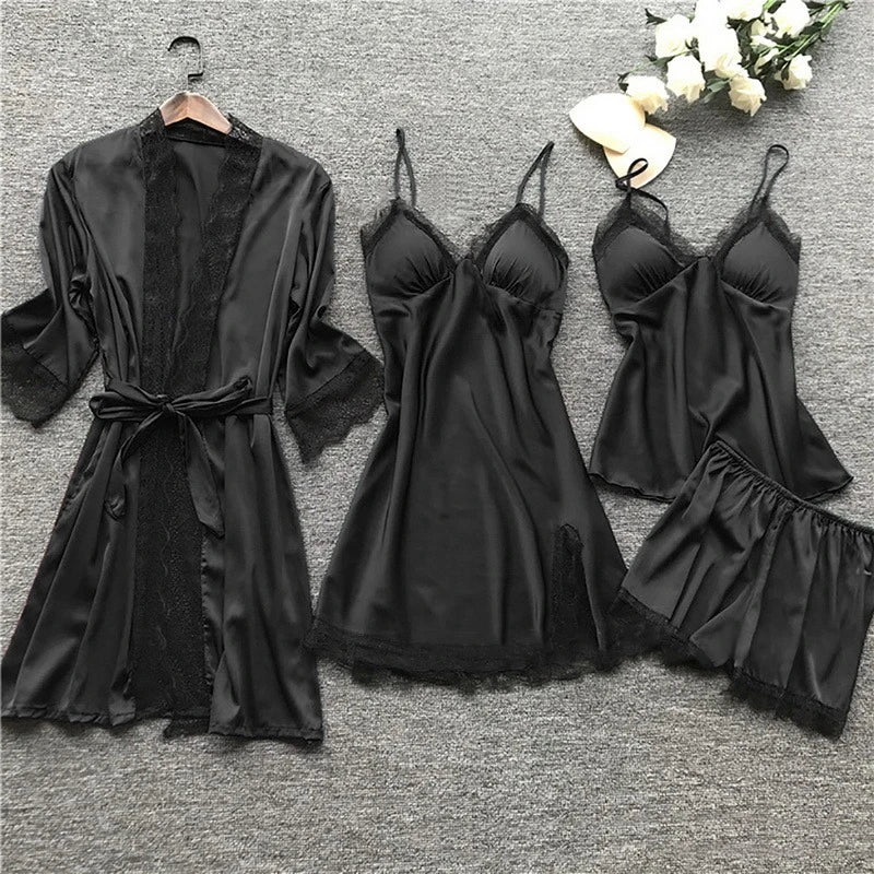Women's Five-Piece Satin Pajama Set - Lace Trim