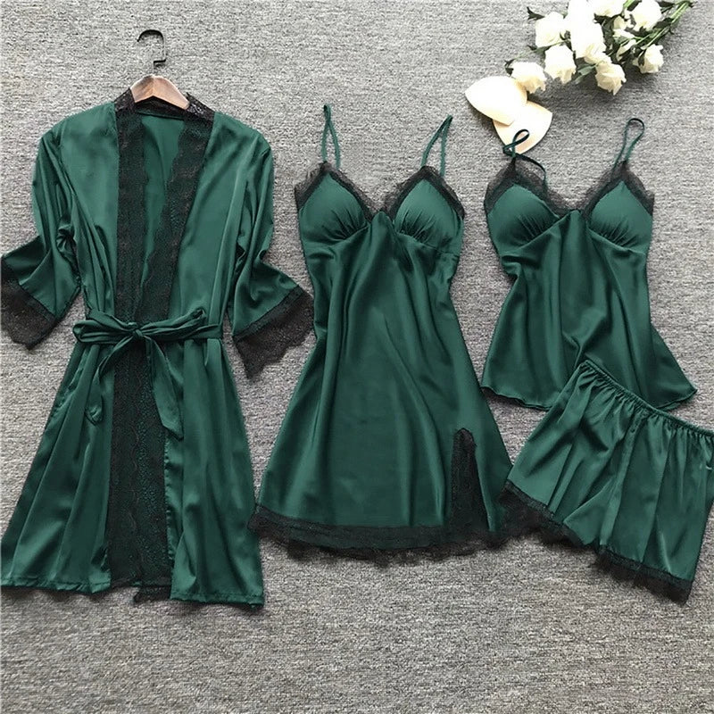 Women's Five-Piece Satin Pajama Set - Lace Trim