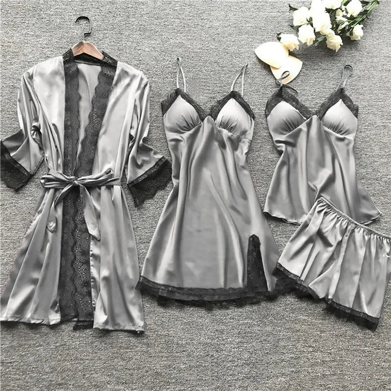 Women's Five-Piece Satin Pajama Set - Lace Trim