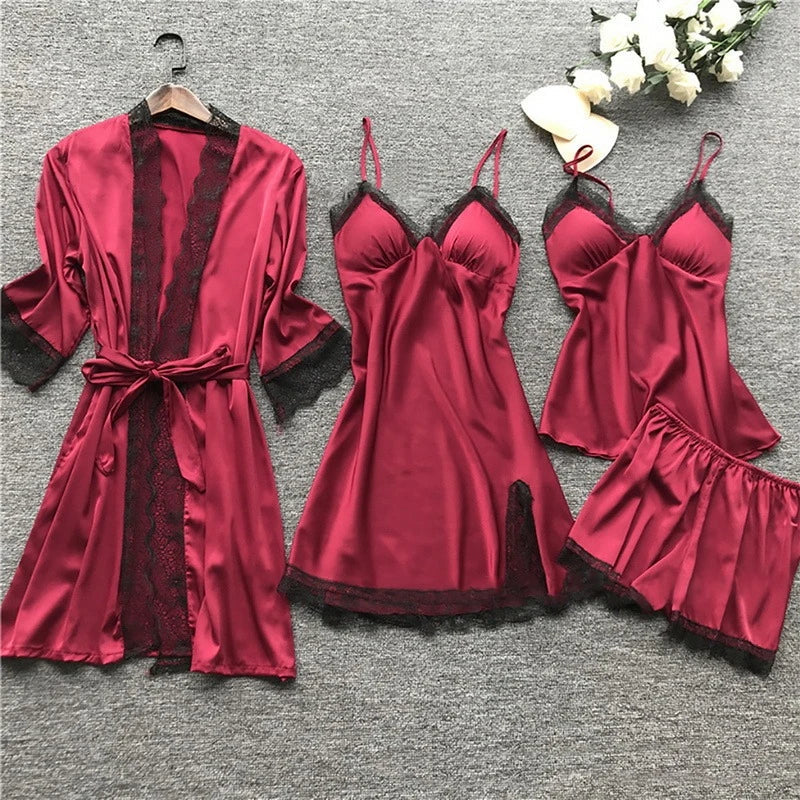 Women's Five-Piece Satin Pajama Set - Lace Trim