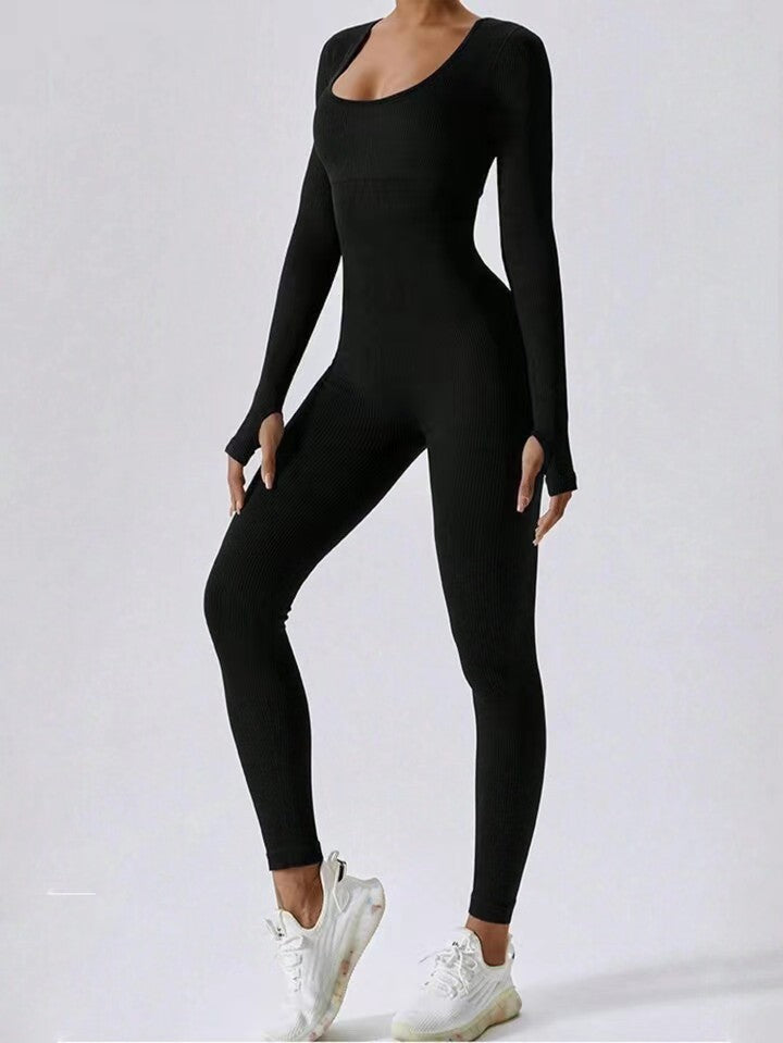 Women's Ribbed Jumpsuit - Square Neckline - Long Sleeve Stretch Fit