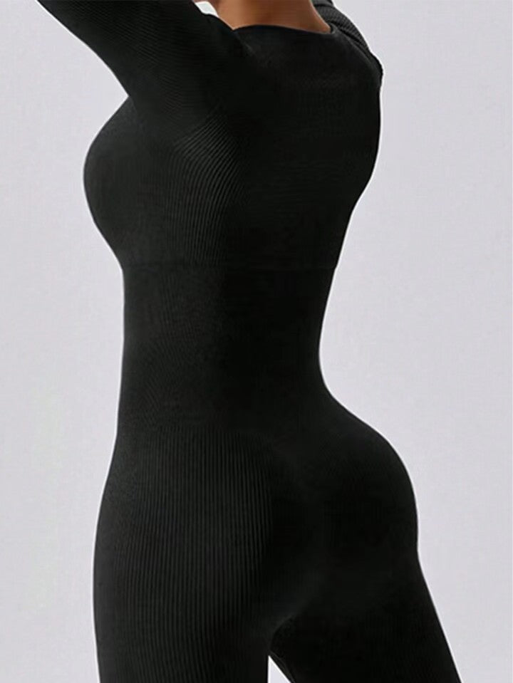 Women's Ribbed Jumpsuit - Square Neckline - Long Sleeve Stretch Fit