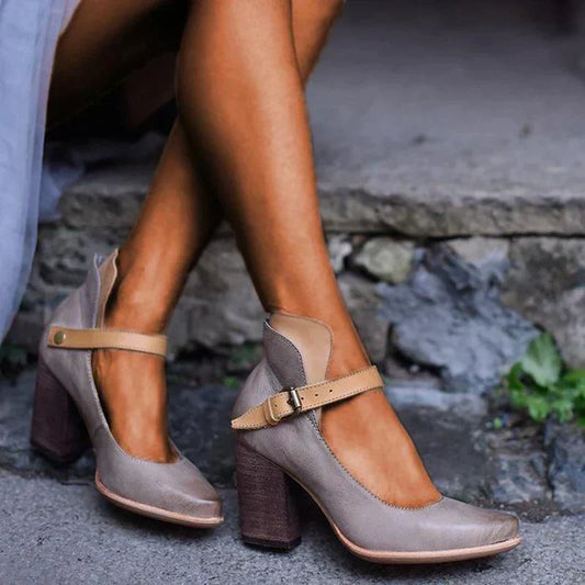 Chaussures à Talon Bloc avec Bride Cheville et Bout Fermé pour Femmes