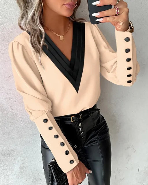 Blouse Femme Élégante à Col en V – Coupe Fluide et Tissu Léger