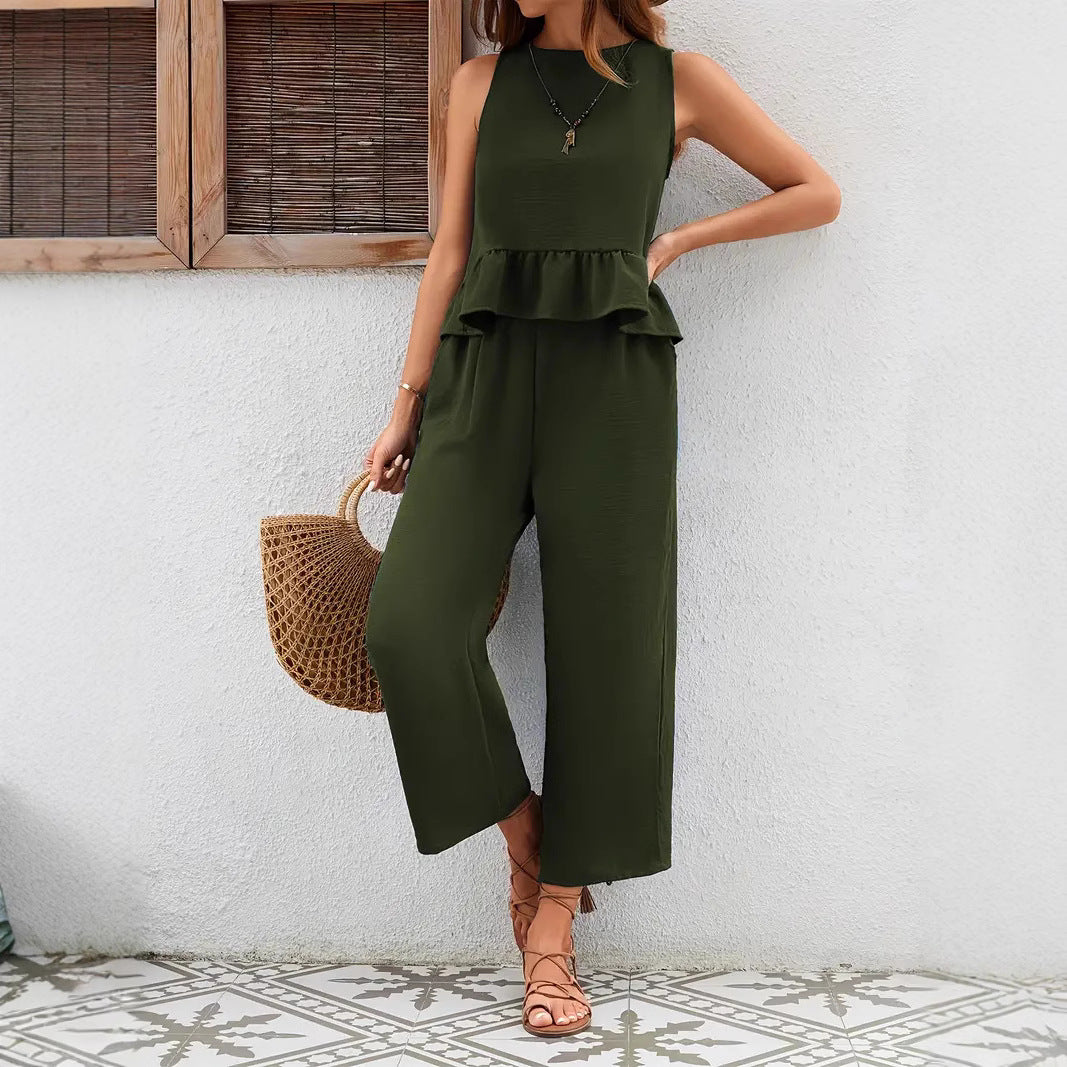 Alba Women's Set - Sleeveless Top with Gathered Waist and Wide-Leg Pants
