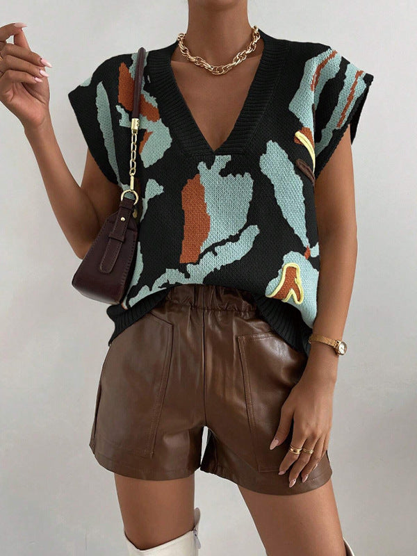 Pull Sans Manches en Maille Jacquard à Coupe Ample pour Femme
