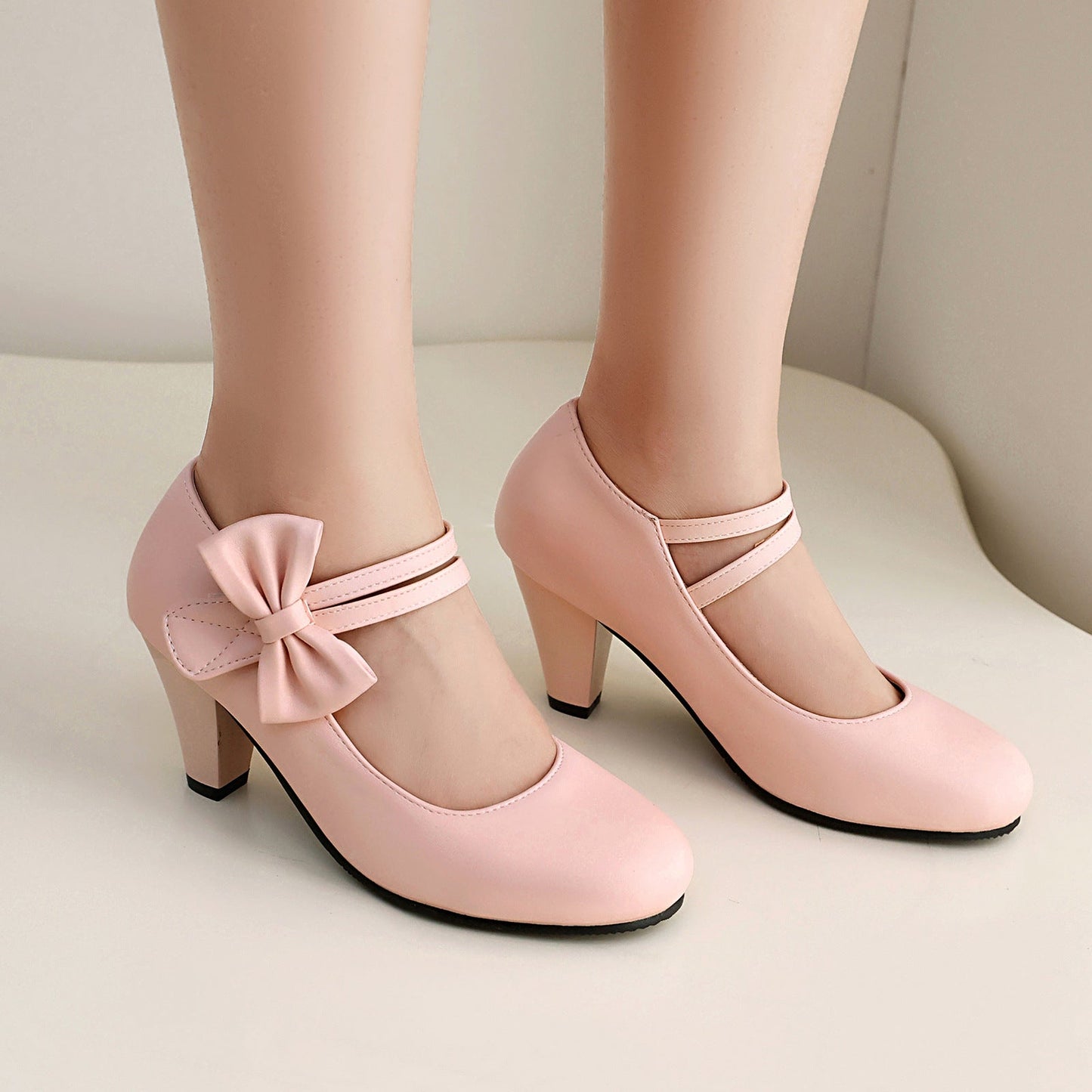Women's High Heel Pumps with Double Strap, Bow and Pointed Toe