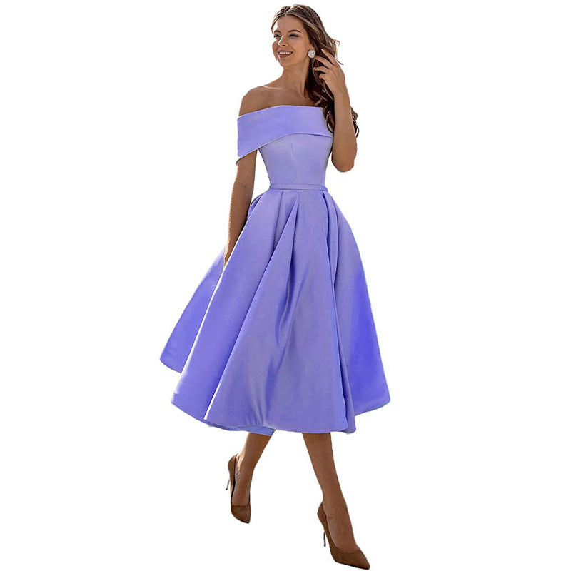 Robe Épaules Dénudées pour Femme – Coupe A-Ligne – Jupe Plissée – Élégance Formelle