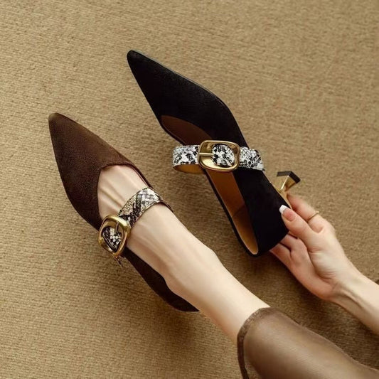 Women's Suede Pointed Toe Mary Jane Shoes with Snake Print Strap