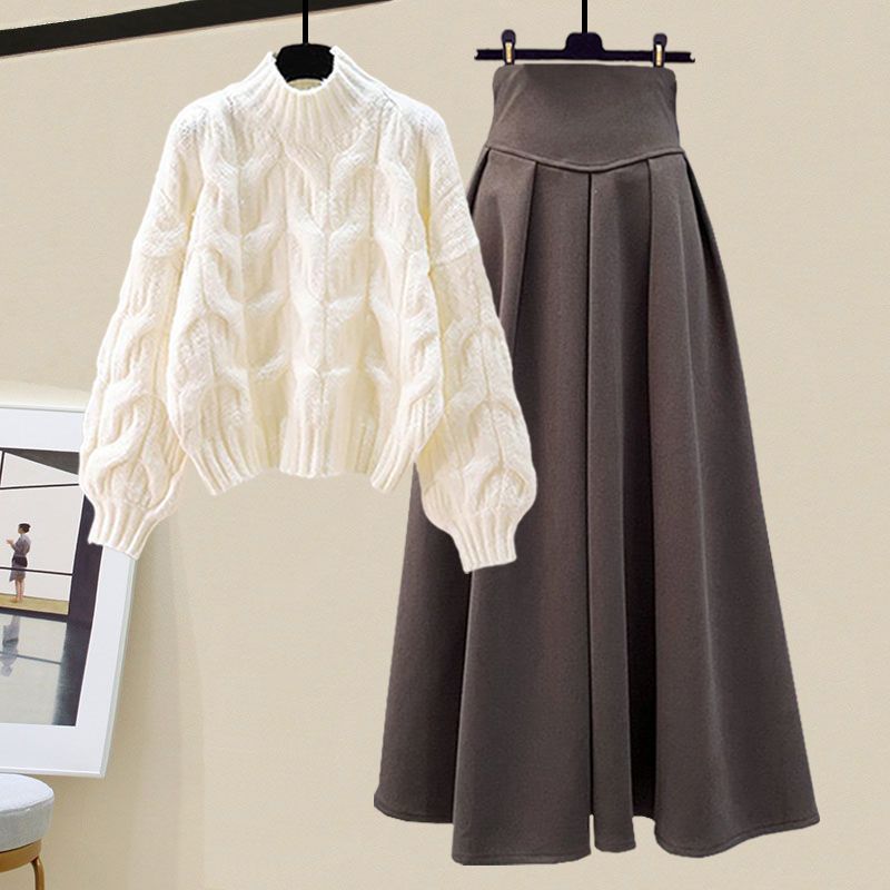 Cable Sweater and High Waisted A-Line Skirt Set – Relaxed Fit – Crew Neck Long Sleeves