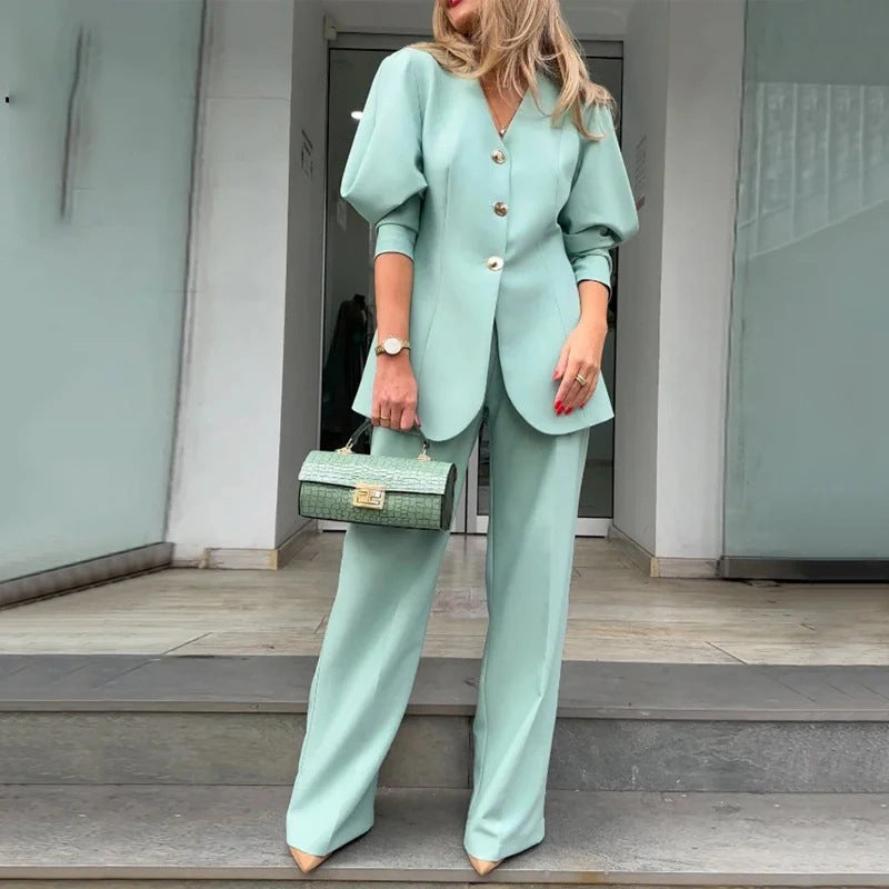 Women's Structured Blazer Set - Lantern Sleeves and Straight Pants