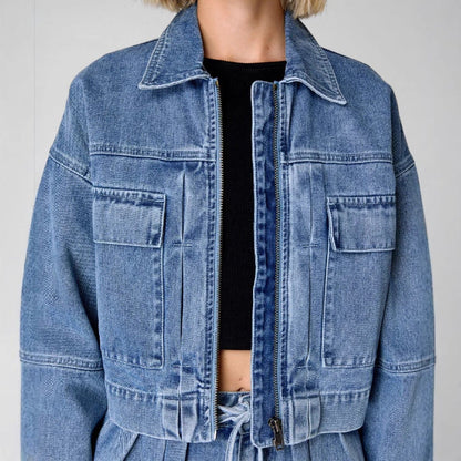 Veste en Jean Oversize Courte à Fermeture Zippée et Poches Utilitaires pour Femme