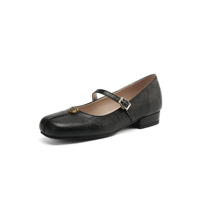 Women's Square Toe Buckle Strap Block Heel Flat Shoes