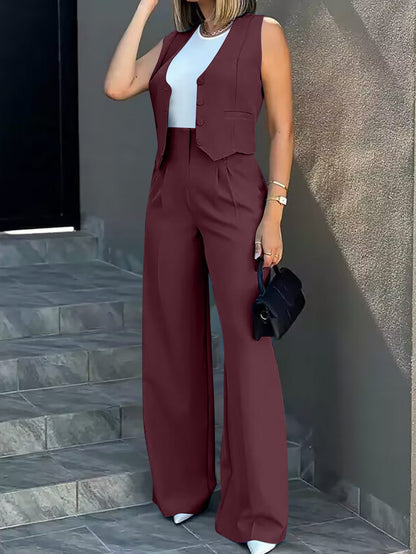 Elise Women's Set – Classic Buttoned Structured Suit and High Waist Wide Leg Pants