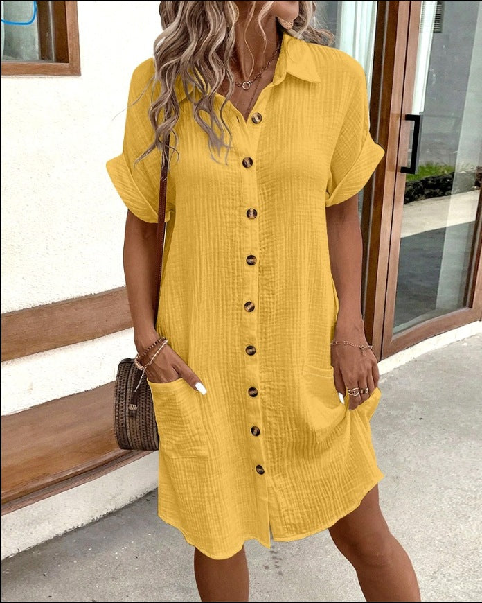Robe-Chemise Décontractée Pour Femme-Boutonnée, Manches Courtes Repliées, Coupe Légère et rigelig