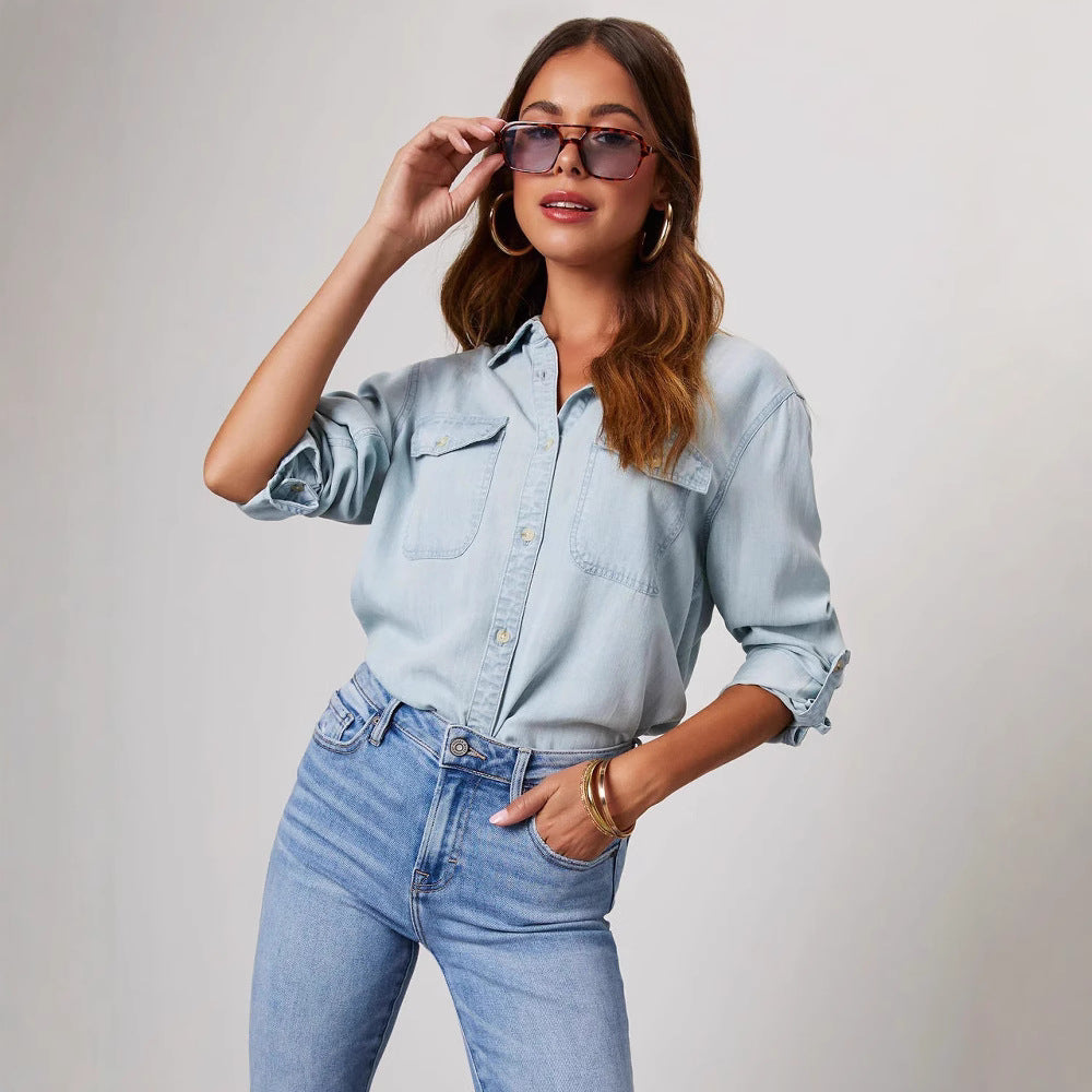 Chemise en Jean Décontractée à Manches Longues pour Femme