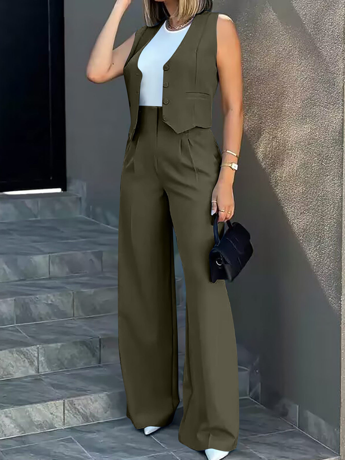 Elise Women's Set – Classic Buttoned Structured Suit and High Waist Wide Leg Pants