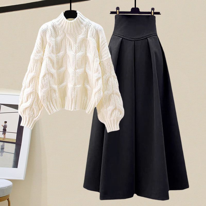 Women's Cable-Knit Sweater & High-Waisted A-Line Skirt – Relaxed Fit – Long Sleeve Crew Neck