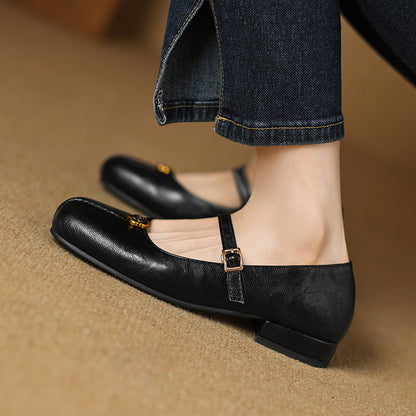 Women's Square Toe Buckle Strap Block Heel Flat Shoes