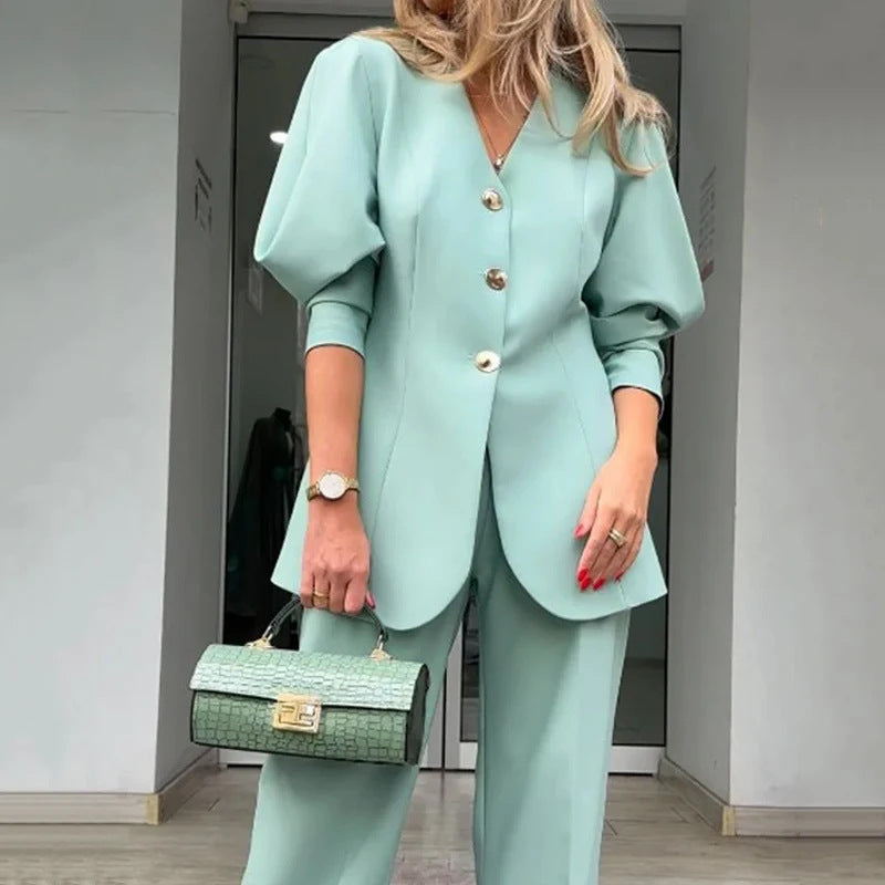 Ensemble Blazer Femme Structuré – Manches Lanterne et Pantalon Droit