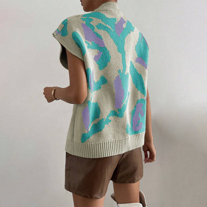 Pull Sans Manches en Maille Jacquard à Coupe Ample pour Femme