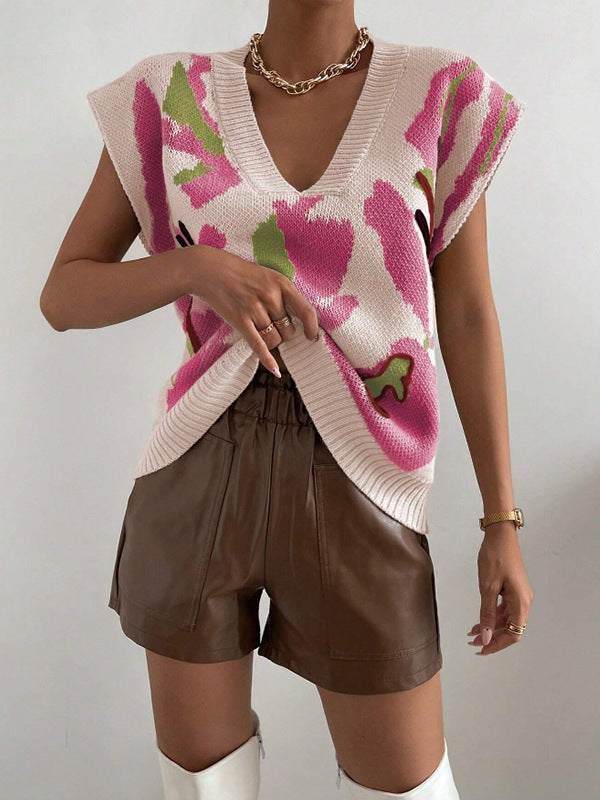 Pull Sans Manches en Maille Jacquard à Coupe Ample pour Femme