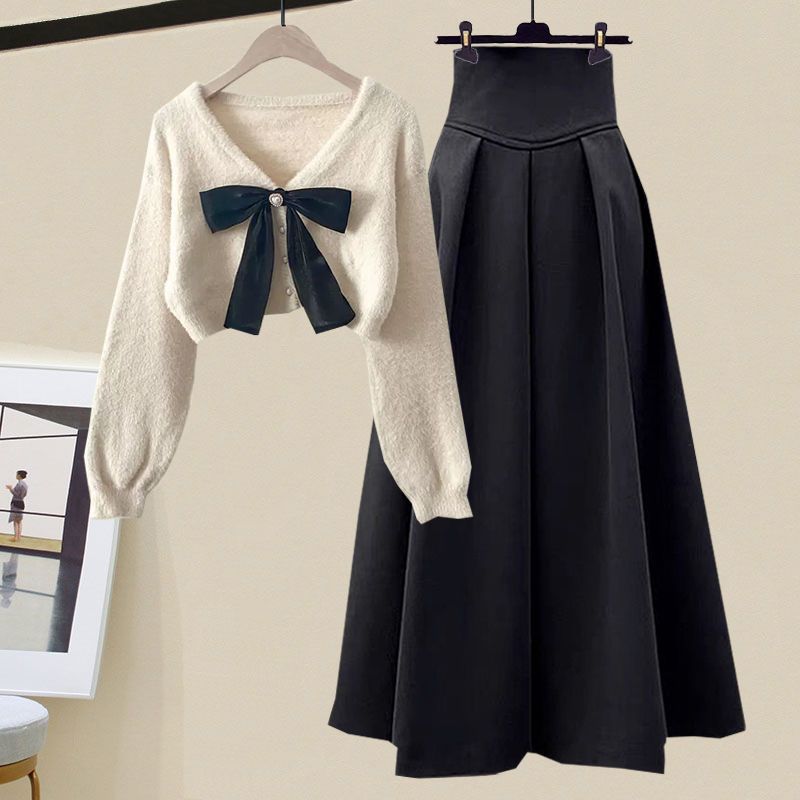 Women's Cable-Knit Sweater & High-Waisted A-Line Skirt – Relaxed Fit – Long Sleeve Crew Neck