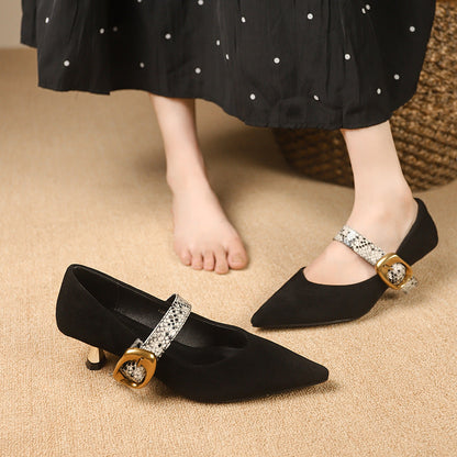 Women's Suede Pointed Toe Mary Jane Shoes with Snake Print Strap