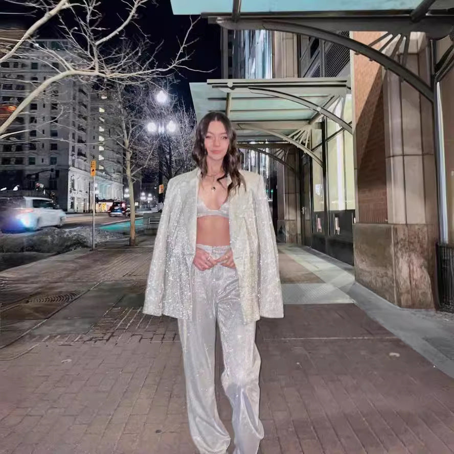 Ensemble Blazer Femme Oversize en Tissu Scintillant – Épaules Structurées