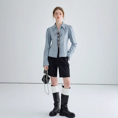 Surchemise en Jean Cintrée à Lacets pour Femme