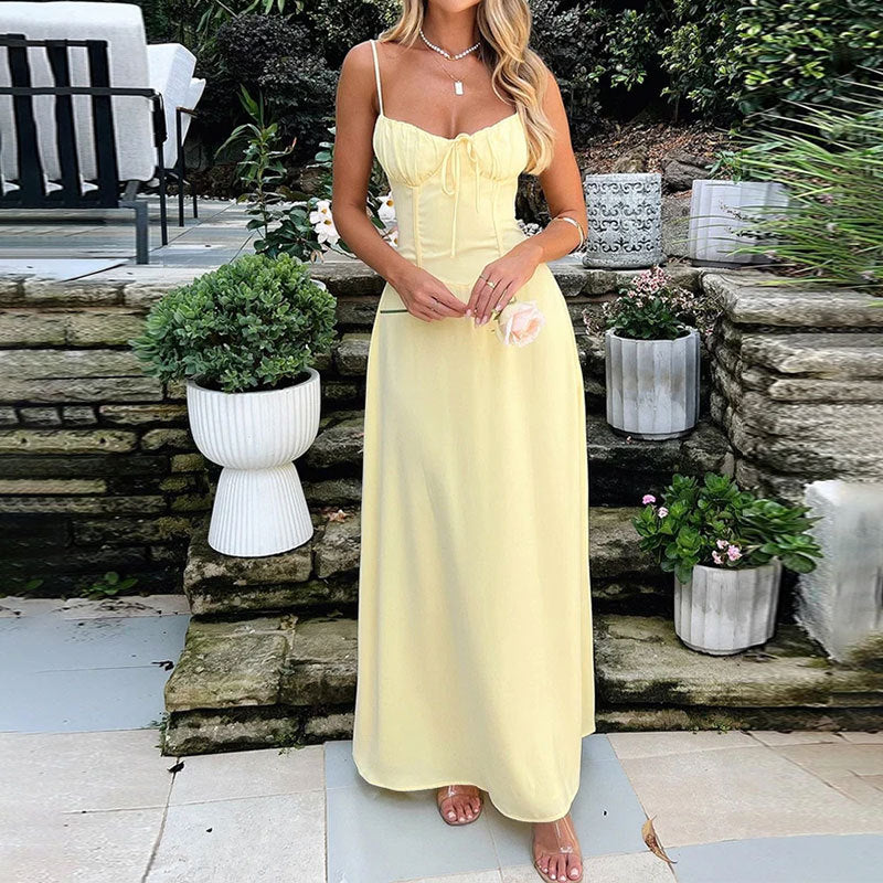 Robe Longue femme évasée Effet Satiné Avec Corsage Froncé et bøder Bretelles