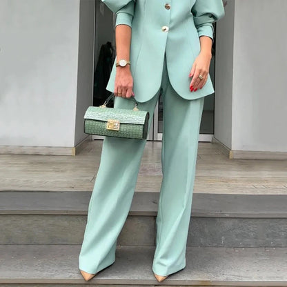 Women's Structured Blazer Set - Lantern Sleeves and Straight Pants