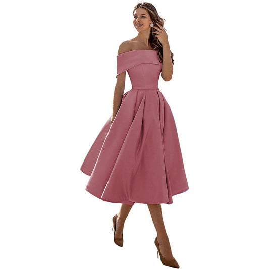 Robe Épaules Dénudées pour Femme – Coupe A-Ligne – Jupe Plissée – Élégance Formelle