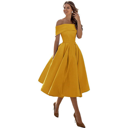 Robe Épaules Dénudées pour Femme – Coupe A-Ligne – Jupe Plissée – Élégance Formelle